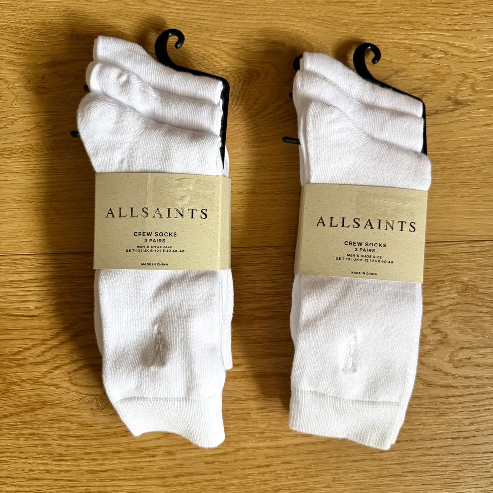 AllSaints Crew Socks Mens 7-13 White NWT 2-Pack 6 Pairs Total Ramskull Logo